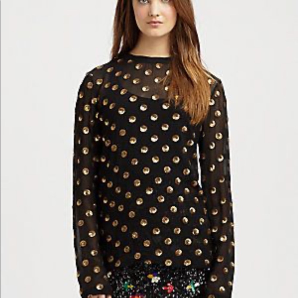 Suno Silk Sheer black blouse‎ with gold sequined polka dots. sz 2
